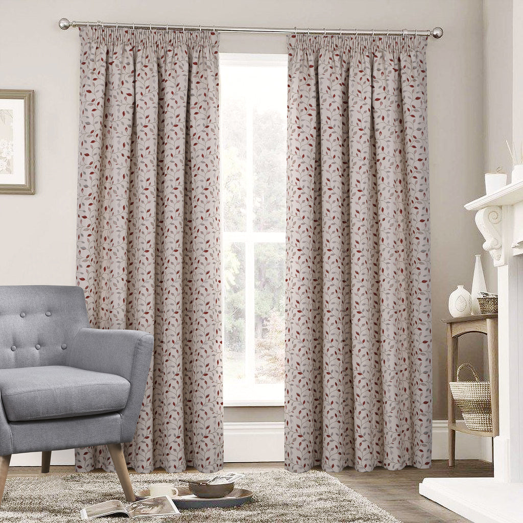 Lined Pencil Pleat Curtains with Floral Jacquard Pattern (2 Panels) 