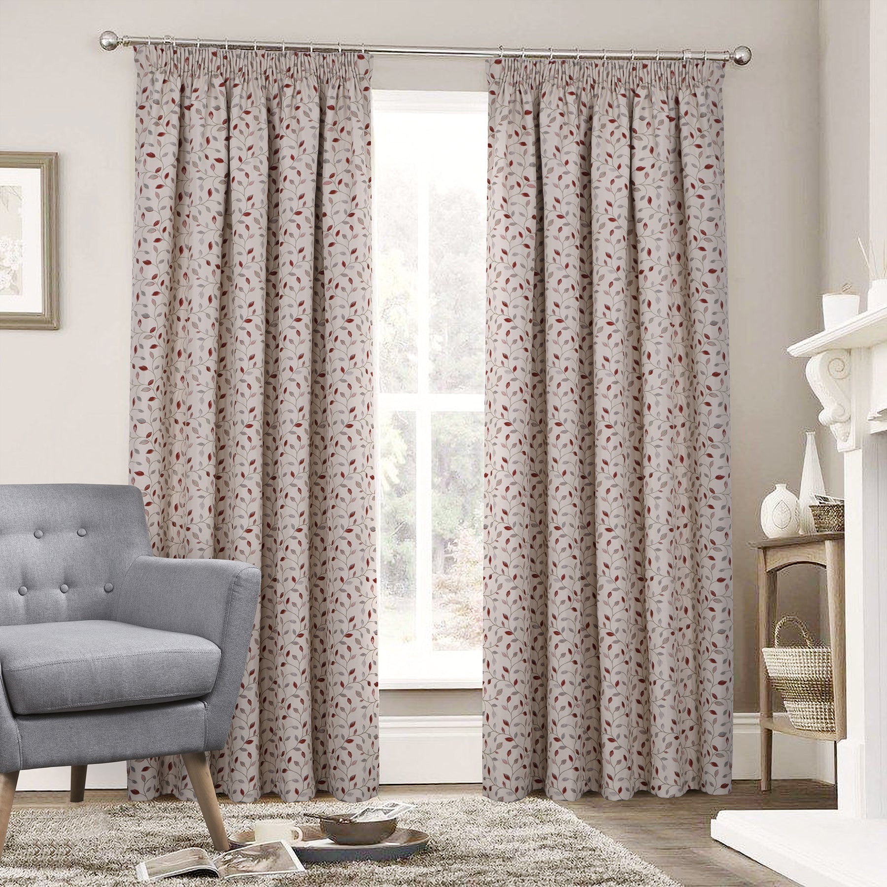 Lined Pencil Pleat Curtains with Floral Jacquard Pattern (2 Panels) 
