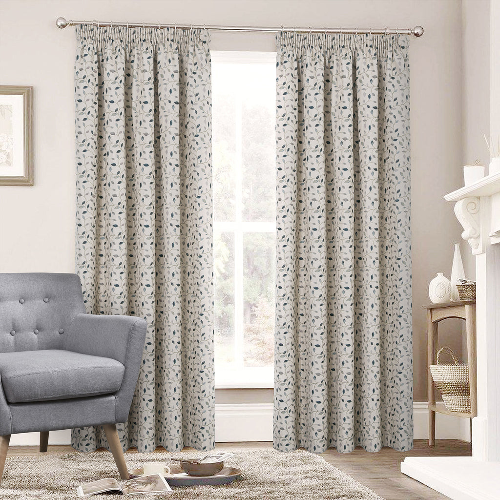 Lined Pencil Pleat Curtains with Floral Jacquard Pattern (2 Panels) 