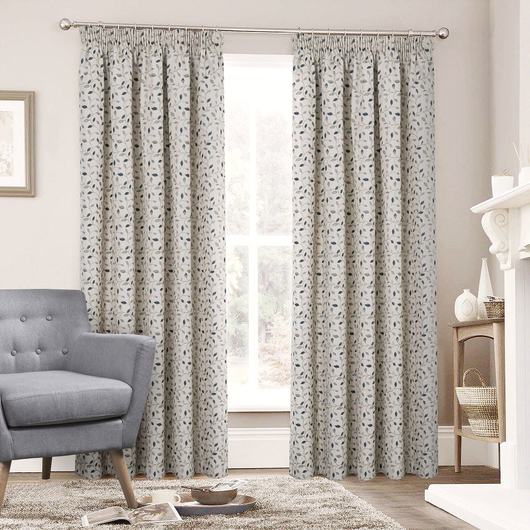 Lined Pencil Pleat Curtains with Floral Jacquard Pattern (2 Panels) 