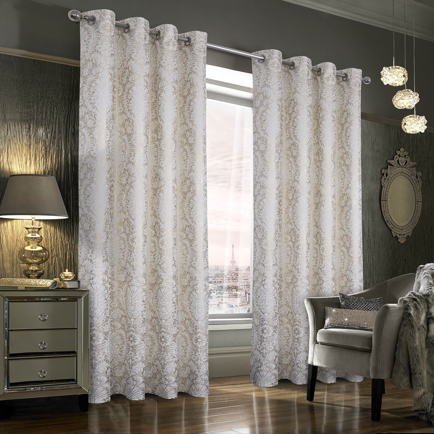 100% Blackout Velvet Eyelet Curtains with Floral Gold Foil Print (2 Panels) 