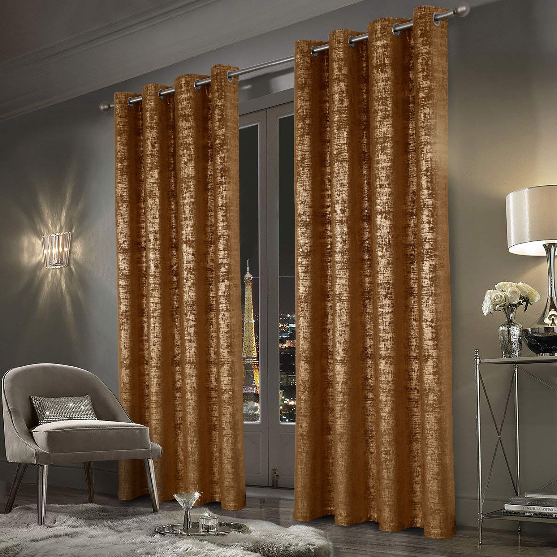 100% Blackout Velvet Curtains with Gold Foil Printed (2 Panels)