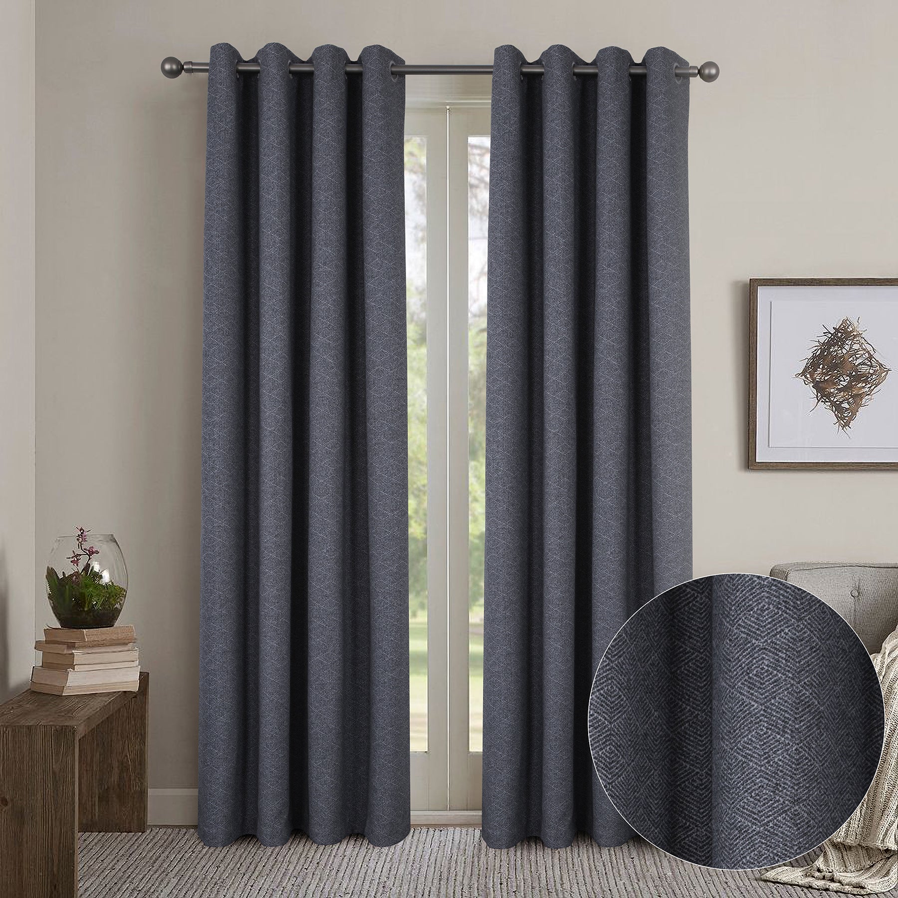 100% Blackout Scandi Look Eyelet Curtains with Geo Pattern (2 Panels) 
