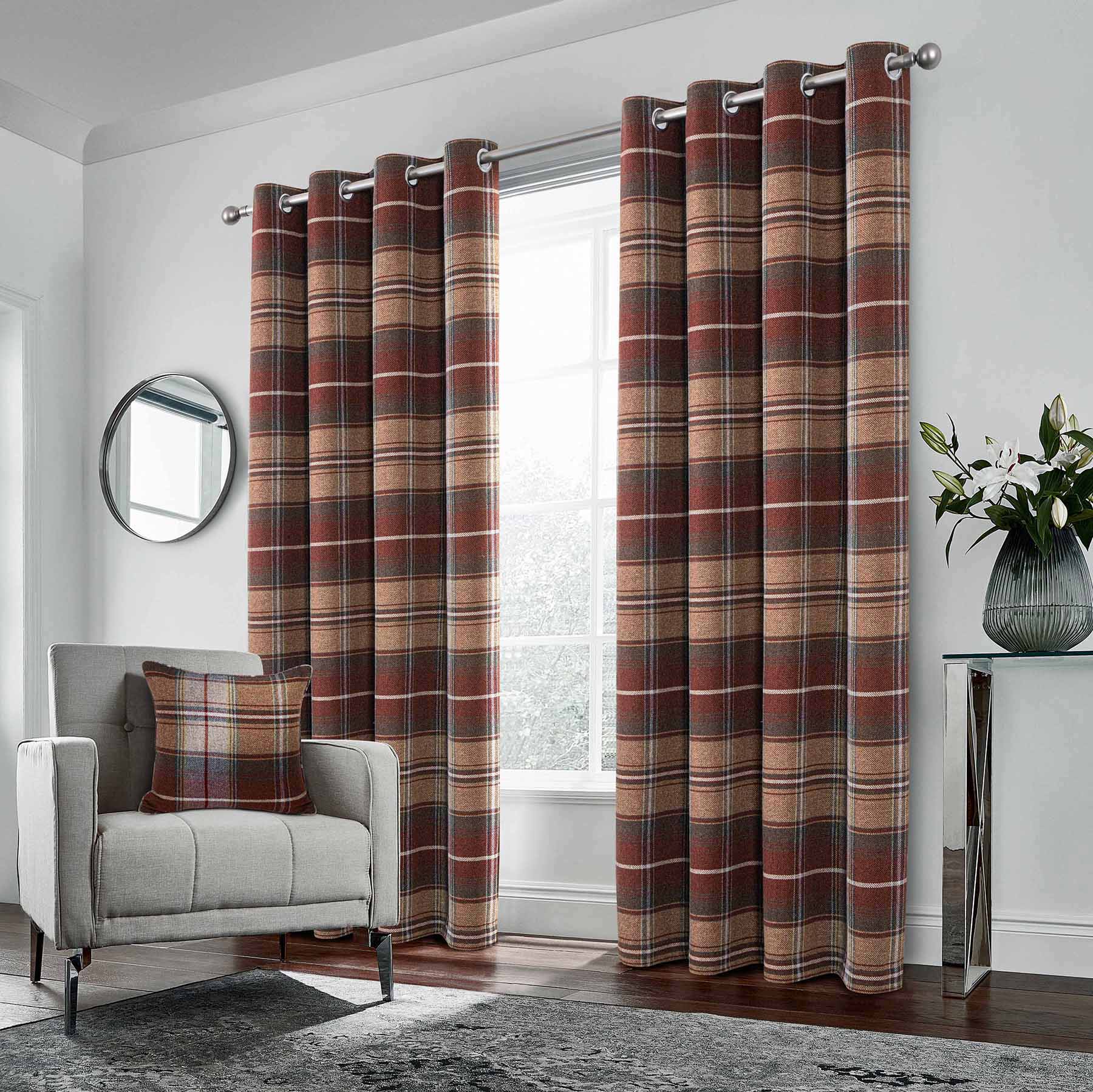 100% Blackout Check Eyelet Curtains in Woolen Look (2 Panels)