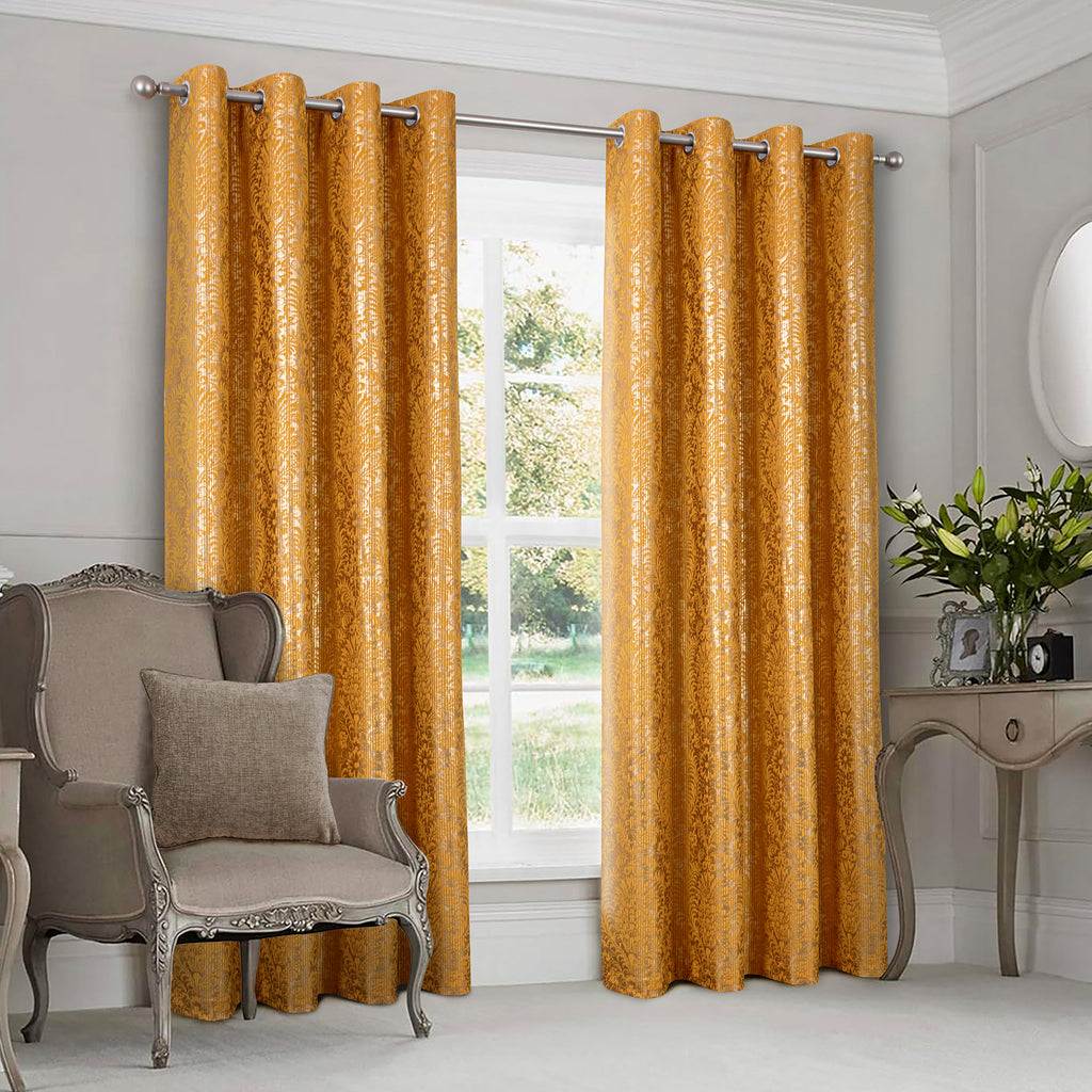100% Blackout Velvet Eyelet Curtains with Floral Gold Foil Print (2 Panels) 