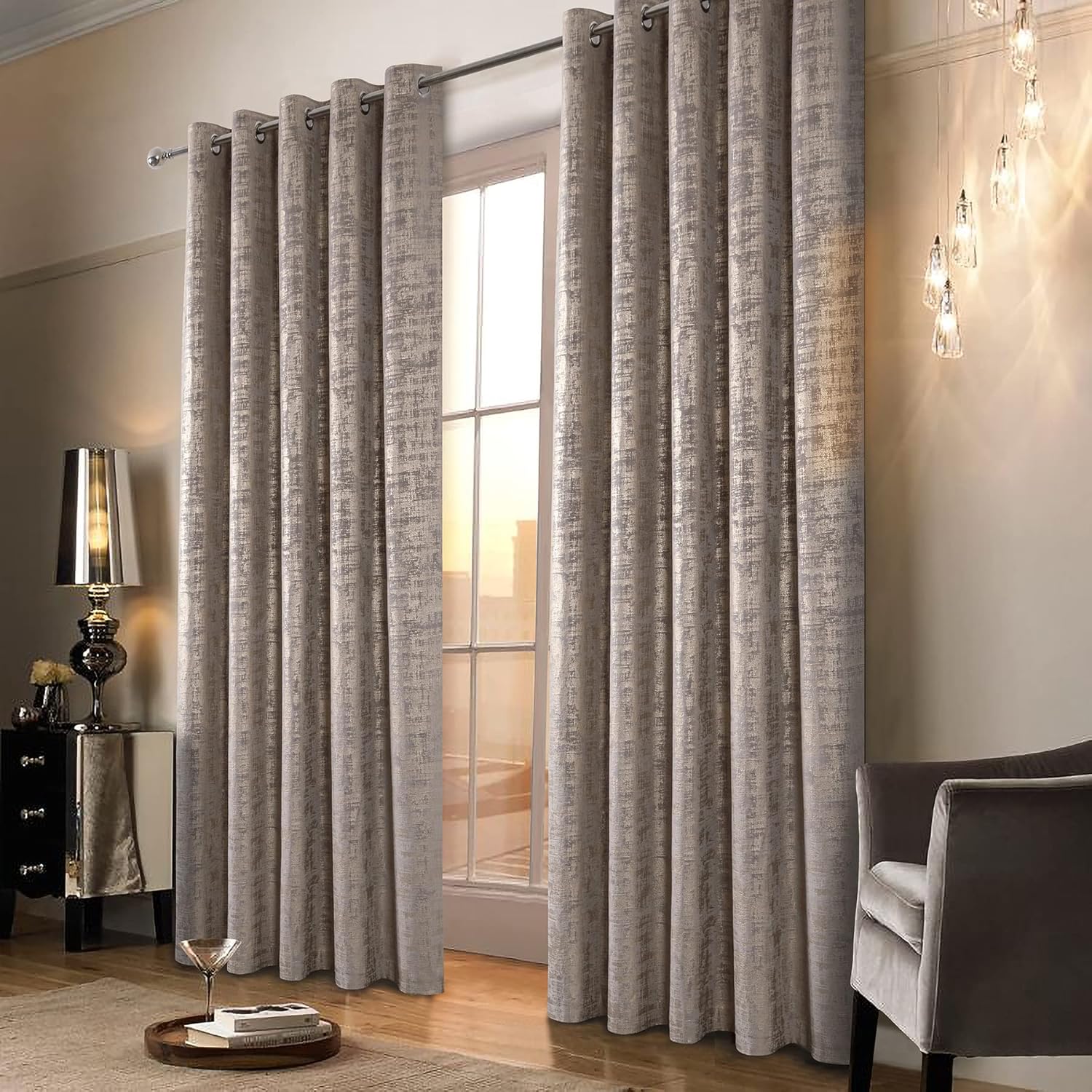100% Blackout Velvet Curtains with Gold Foil Printed (2 Panels)