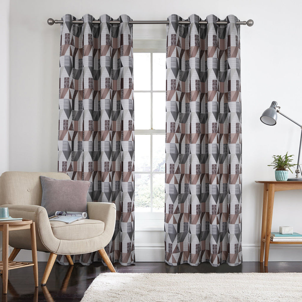 100% Blackout Eyelet Curtains with Geometric Jacquard Pattern (2 Panels) 