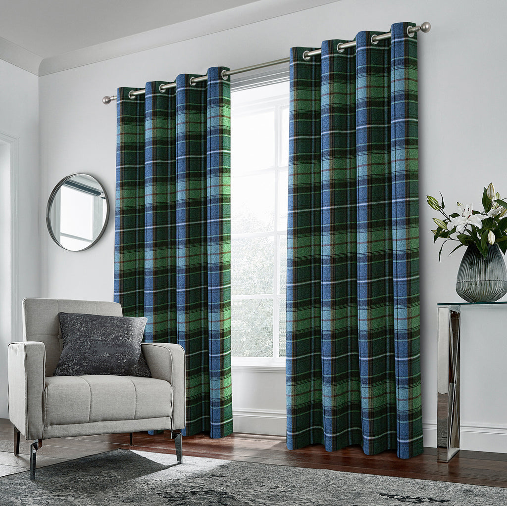 100% Blackout Check Eyelet Curtains in Woolen Look (2 Panels)