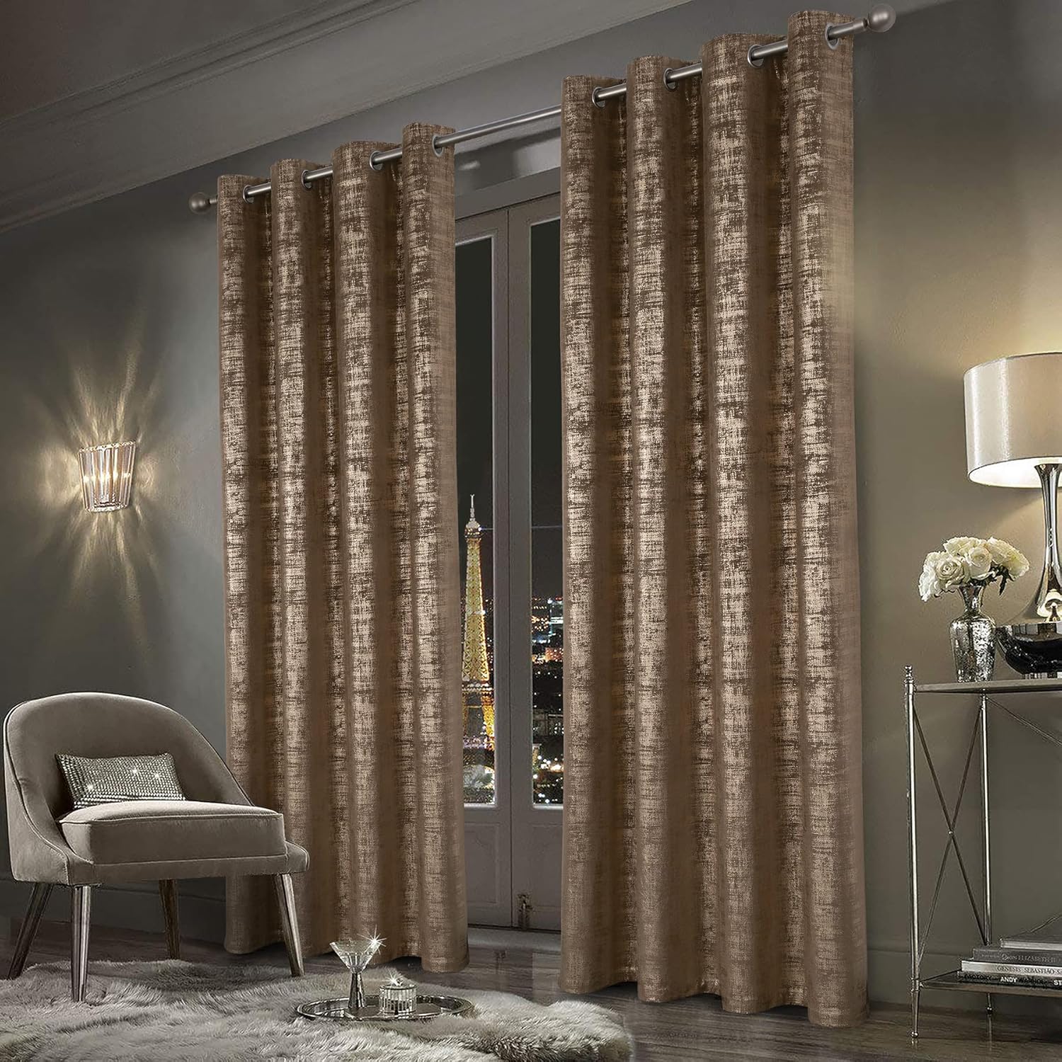 100% Blackout Velvet Curtains with Gold Foil Printed (2 Panels)