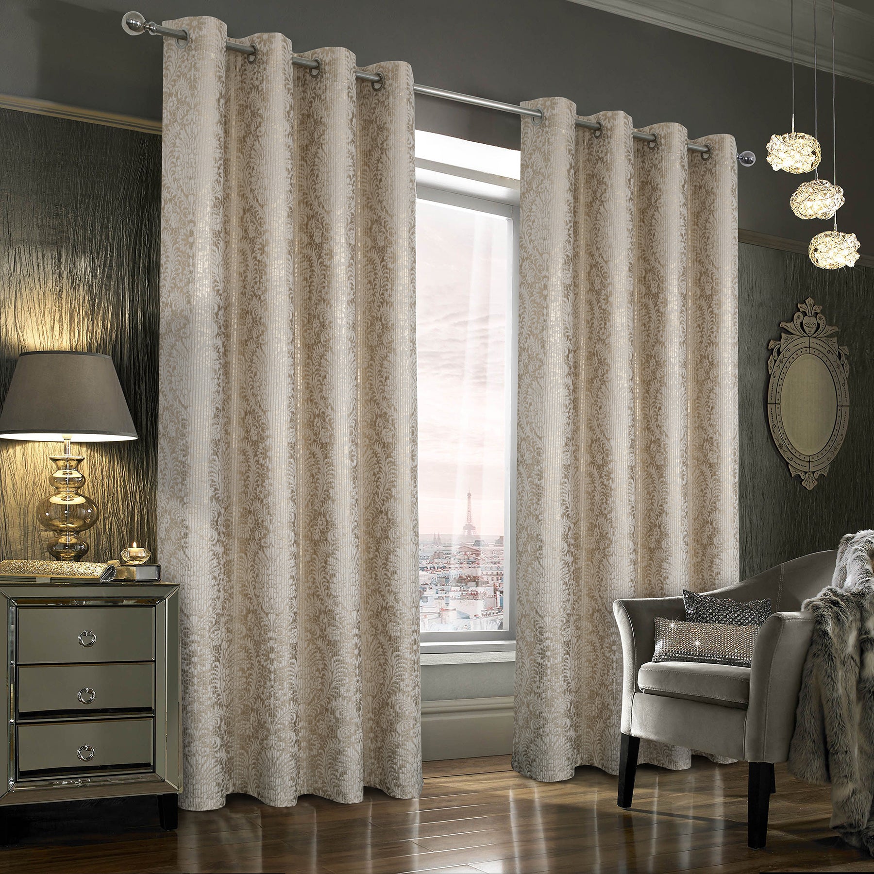 100% Blackout Velvet Eyelet Curtains with Floral Gold Foil Print (2 Panels) 