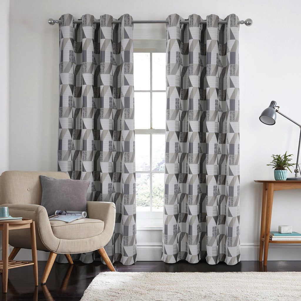 100% Blackout Eyelet Curtains with Geometric Jacquard Pattern (2 Panels) 