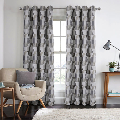100% Blackout Eyelet Curtains with Geometric Jacquard Pattern (2 Panels) 