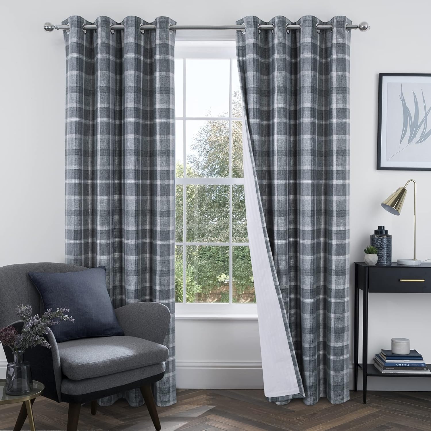 100% Blackout Plaid Eyelet Curtains (2 Panels) 