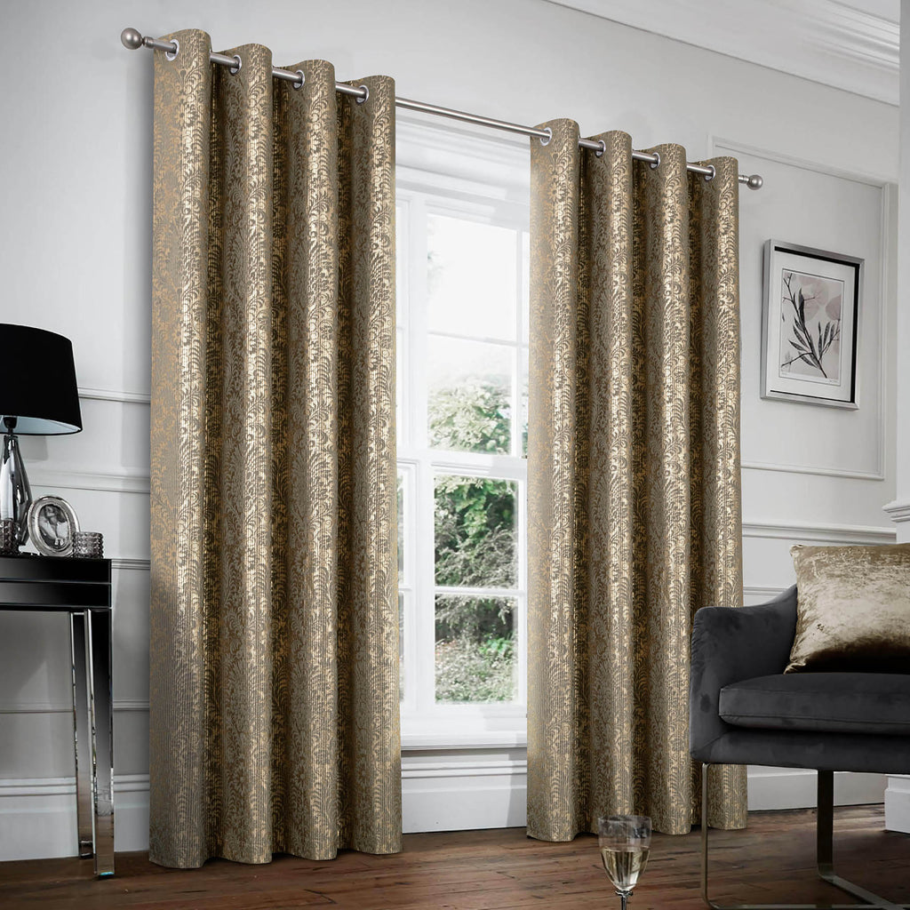 100% Blackout Velvet Eyelet Curtains with Floral Gold Foil Print (2 Panels) 