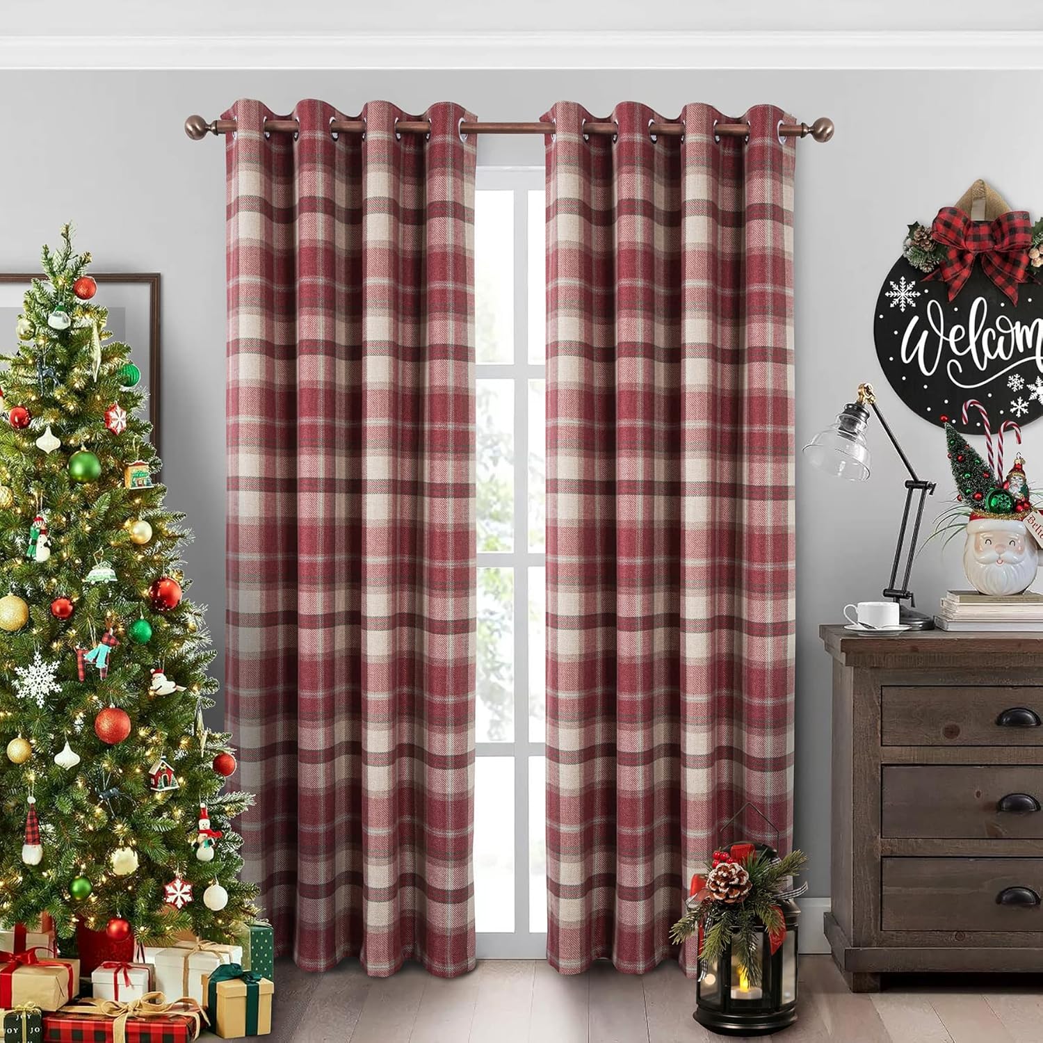 100% Blackout Plaid Eyelet Curtains (2 Panels) 