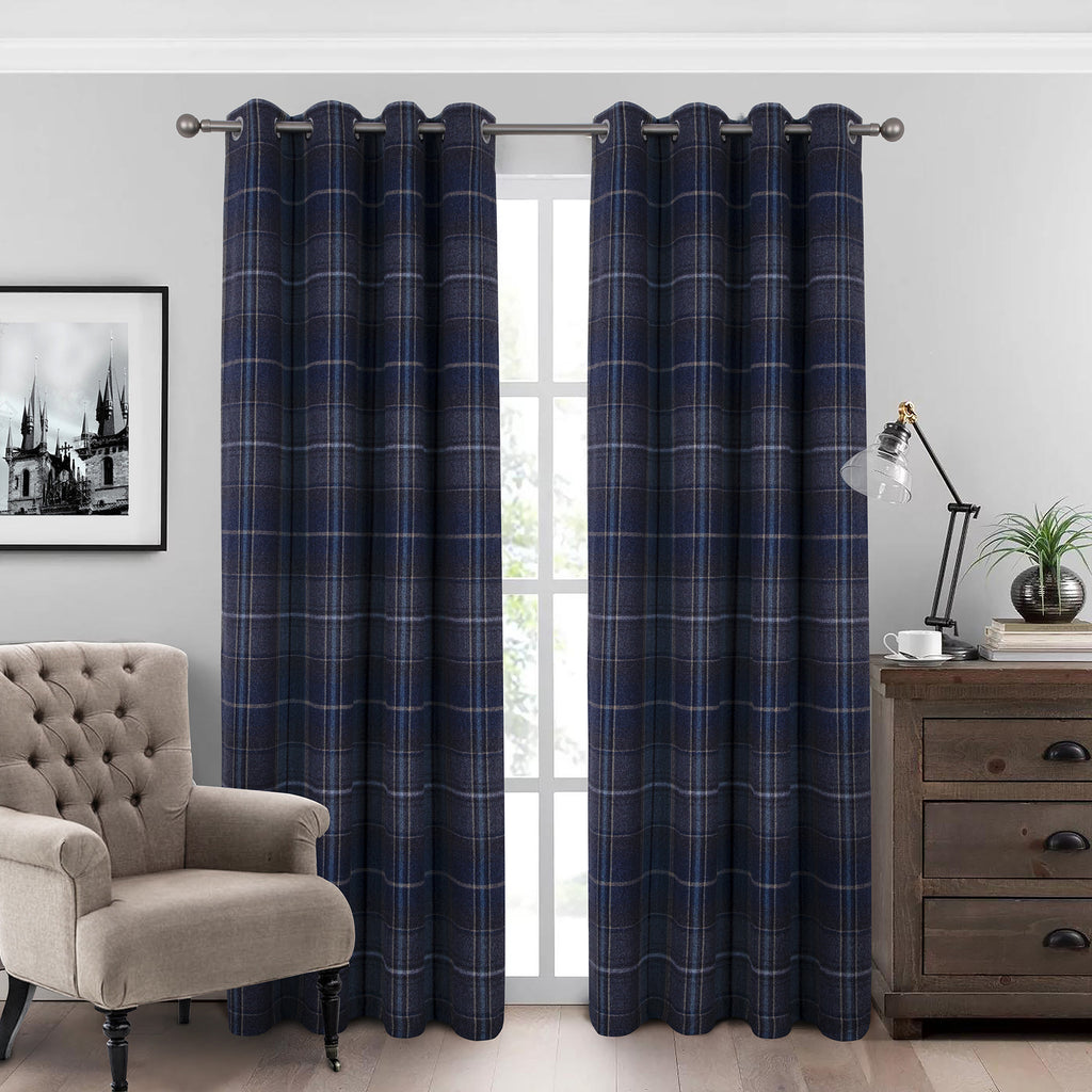 100% Blackout Check Eyelet Curtains in Woolen Look (2 Panels)