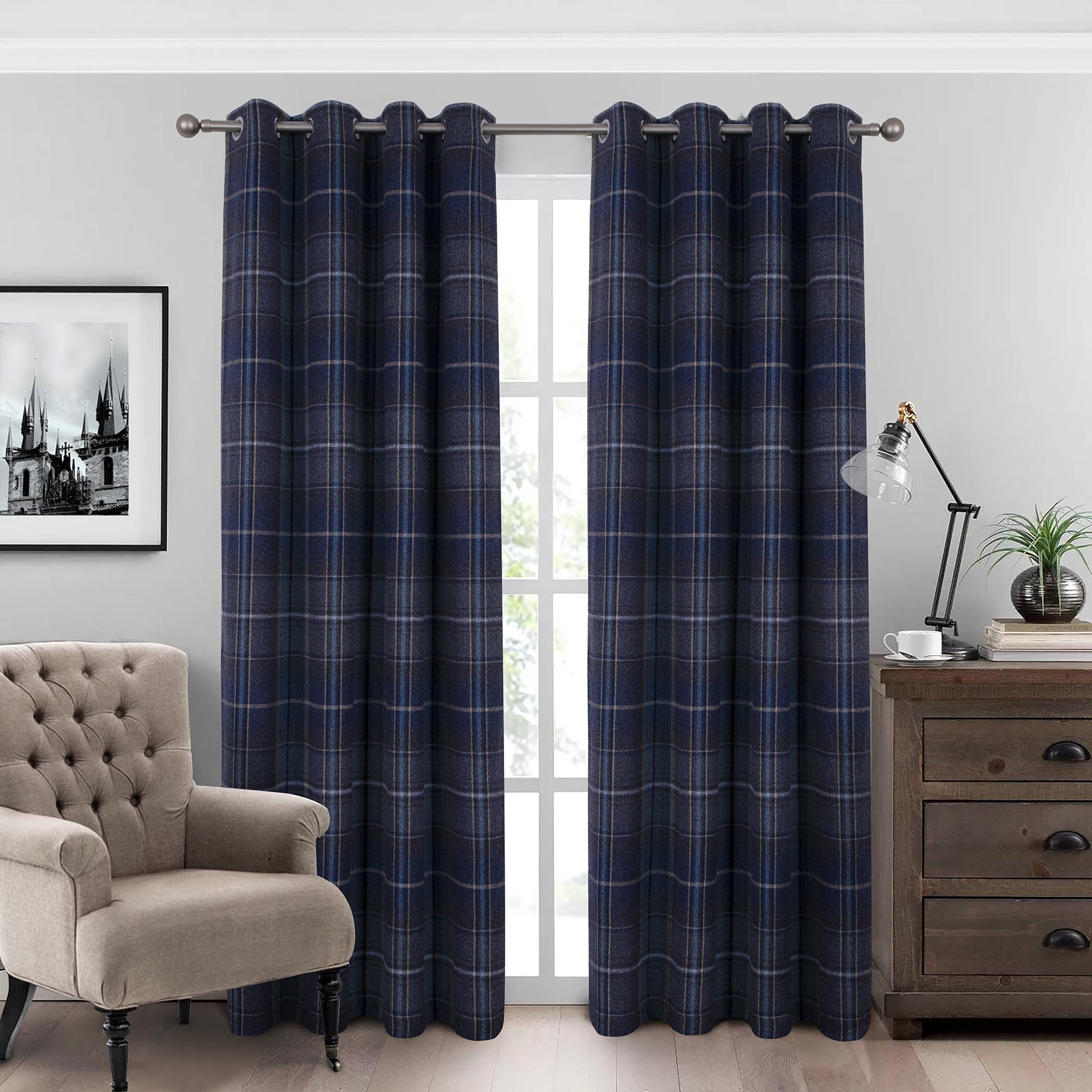 100% Blackout Check Eyelet Curtains in Woolen Look (2 Panels)