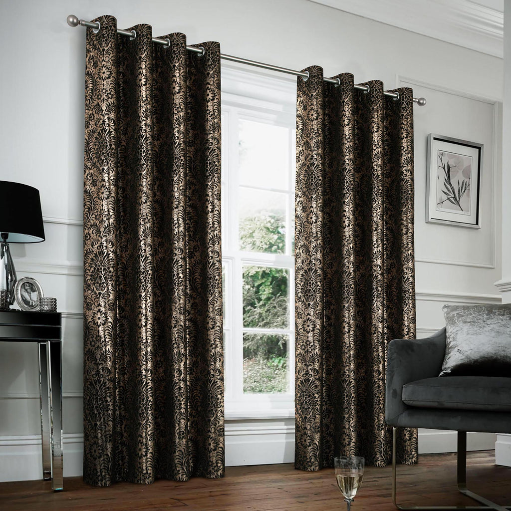 100% Blackout Velvet Eyelet Curtains with Floral Gold Foil Print (2 Panels) 