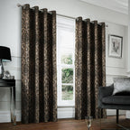 100% Blackout Velvet Eyelet Curtains with Floral Gold Foil Print (2 Panels) 