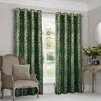100% Blackout Velvet Eyelet Curtains with Floral Gold Foil Print (2 Panels) 